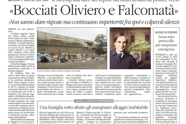 RIFIUTI, IL RAPPORTO ISPRA BOCCIA LA CALABRIA. IL MEETUP REGGIO CINQUE STELLE: «OLIVERIO E FALCOMATÀ FALLIMENTARI»